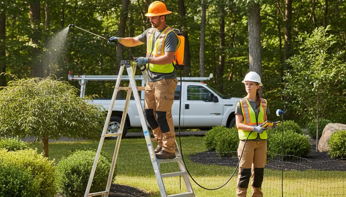 Cape Coral, FL tree service crew installing deer deterrents for trees, shrubs, and landscapes