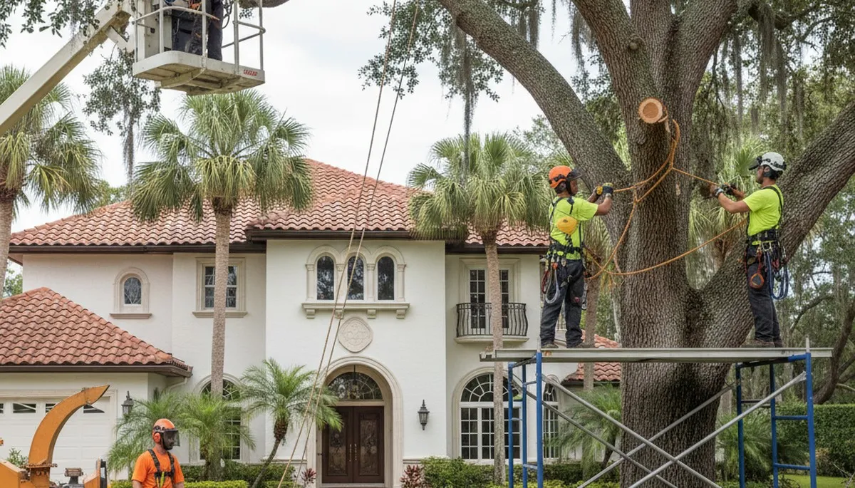 Tree service crew in Cape Coral, FL performing professional tree removal on a residential property