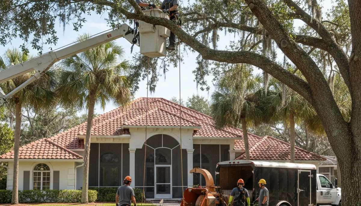 Tree service crew in Cape Coral, FL performing professional tree removal for a local property