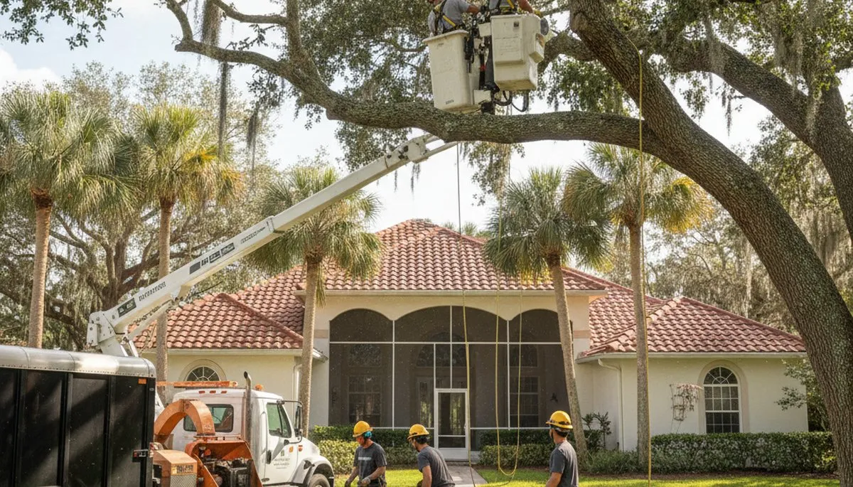 Tree service crew removing a tree in Cape Coral, FL for safe residential property clearance